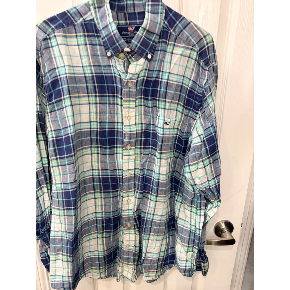 Vineyard Vines Tucker Shirt Blue Green Plaid 100% Linen Slim Fit Button Down XL